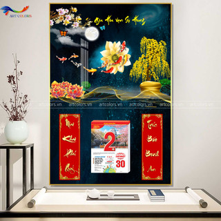 Lịch gỗ tráng gương 2024 cửu ngư quần hội- lịch treo tường bo viền cao cấp