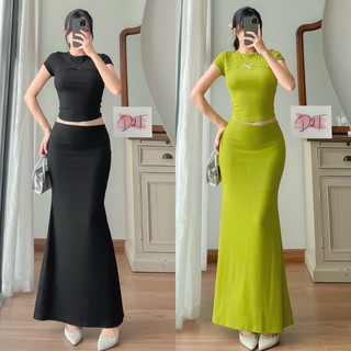 Set Áo Croptop Tay Con Và Chân Váy Đuôi Cá Cạp Trễ Basic Ôm Body Tôn Dáng