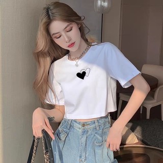 Áo thun Croptop 2 trái tim nhỏ tay lỡ nữ , áo thun nữ local brand HLF