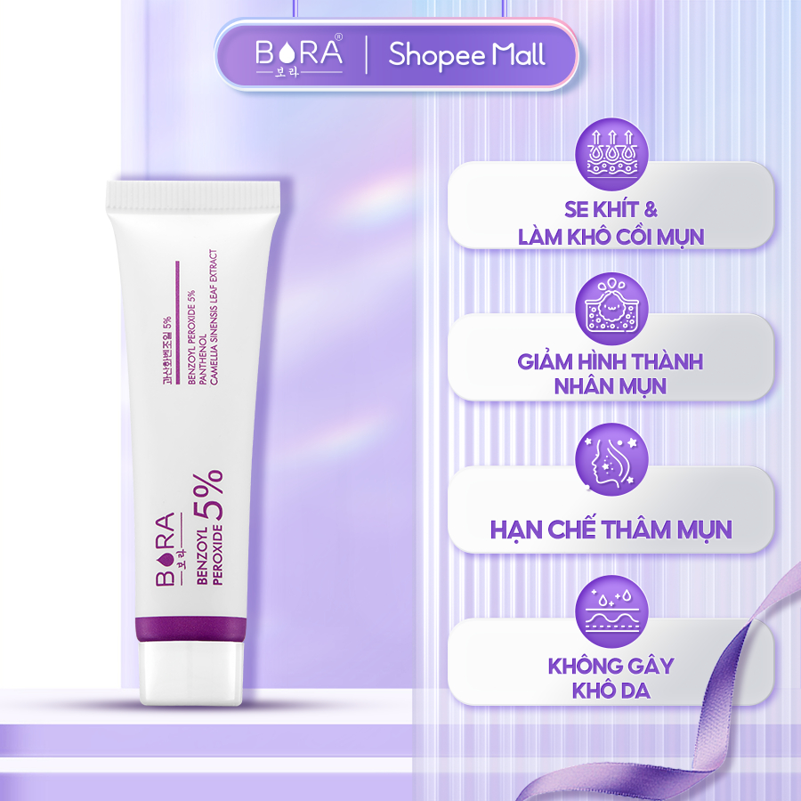 Kem Chấm Mụn Bora Benzoyl Peroxide 5% Tẩy Tế Bào Chết Nhanh Chóng Làm Lành Vết Sẹo Tuýp 15G