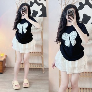[KÈM VIDEO] Áo thun nữ Baby tee form suông tay ngắn in chiếc nơ ren lớn vải thun co giãn dày dặn TU