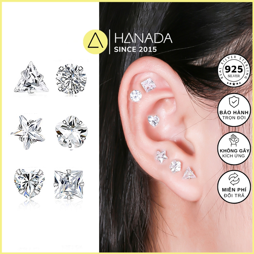 Bông Tai Bạc 925 Đá CZ 6A 5MM Đơn Giản Khuyên Tai Lấp Lánh Unisex Nam Nữ HANADA