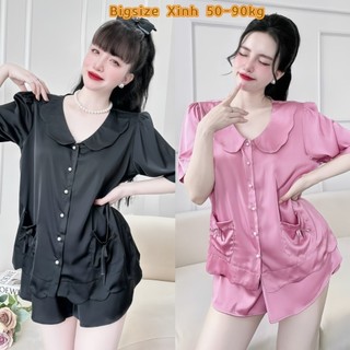 Bộ ngủ Bigsize 50-95kg bộ đùi lụa mặc nhà tiểu thư cổ sen đồ bộ dễ thương sang trọng