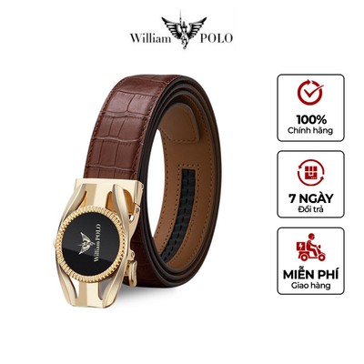 Thắt lưng da nam WILLIAMPOLO chính hãng cao cấp, dây nịt nam khóa tự động kèm hộp và túi POLO20566P-C