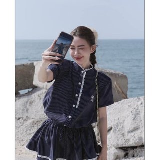 Đầm/Váy dáng bí cổ trụ phối ren nơ thêu ngực kèm quần trong chất kate cao cấp, đầm sơ mi dáng bí HITHOUSE | HITSV022