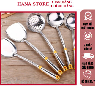 Muôi inox, bộ muỗng inox cán vàng đa chức năng