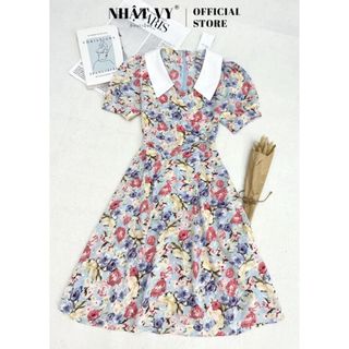 Đầm hoa đi chơi Nhật Vy cổ V phối bèo cổ dáng xoè chất lụa mango phù hợp dạo phố công sở - D3098