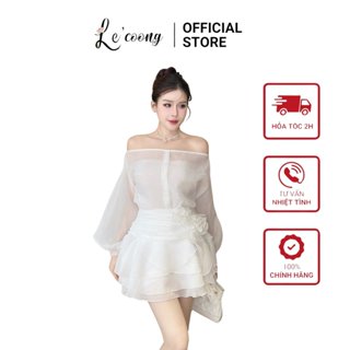 Set Áo Và Váy Đẹp Trễ Vai Dáng Ngắn LECOONG B132 Đầm Phối Hoa Tơ Màu Trắng Đen