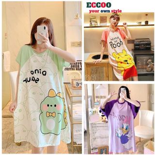 Váy thun cộc tay đáng yêu, Đầm ngủ dáng suông rộng chất cotton mềm mát họa tiết hoạt hình dễ thương - ECCOO