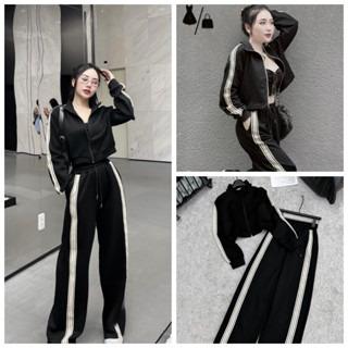 Set Bộ Đồ Nữ 3 Món Áo Khoác Thể Thao Croptop Kèm Áo Quây Mix Quần Suông Ống Rộngg