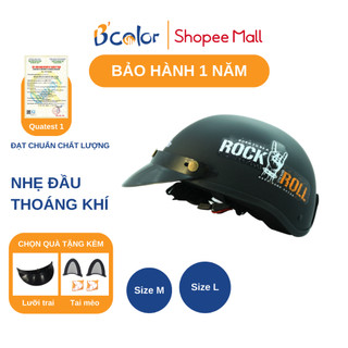 Mũ Bảo Hiểm Màu Đen Có Chữ Rock Roll Loại Nửa Đầu Kèm Lười Trai B'COLOR