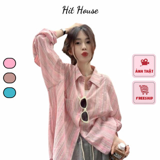 Áo sơ mi dài tay kiểu nữ họa tiết kẻ sọc form rộng thoáng mái, áo somi màu pastel xinh xắn HITHOUSE | HITSAO024