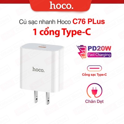 Củ sạc nhanh PD20W 1 cổng Type-C Hoco C76/C76A nhỏ gọn tiện lợi, tương thích với nhiều thiết bị
