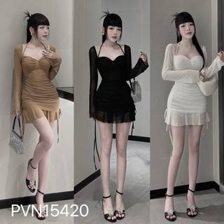 Đầm thun lưới dài tay dáng ngắn