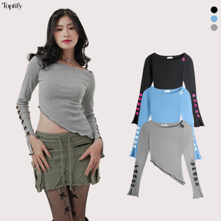 Áo croptop nữ tay dài lai xéo TOPTIFY tay đính nơ Kira Top AC121