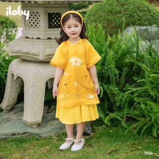 Áo dài cho bé gái ILABY cách tân họa tiết hoa sen tay bồng chất tơ óng mềm mại [1666]