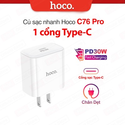 Củ sạc nhanh PD30W 1 cổng Type-C Hoco C76 PRO nhỏ gọn tiện lợi , tương thích nhiều thiết bị, chân dẹt
