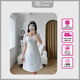 Váy Nữ FACI Lita Thiết Kế Dáng Suông A Kiểu Cổ Vuông Cách Điệu Tay Ngắn Chất Liệu Ren Hoa Trắng FA259