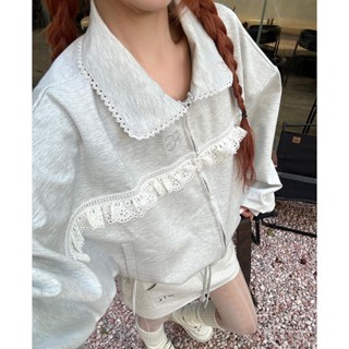 Áo khoác xám cổ polo phối ren peonyb - Sweater form rộng tay bồng kiểu dáng bánh bèo hotgirl phong cách hàn quốc đẹp