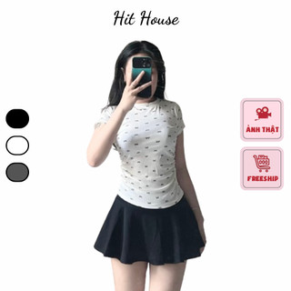 Áo thun kiểu cổ tròn in nơ nhún sườn tôn vòng 2 tay ngắn form ôm, áo croptop chất thun gân HIT HOUSE | HITSAO092