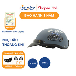 Mũ Bảo Hiểm Nửa Đầu Màu Xanh Họa Tiết Hình Xe Máy Kèm Lưỡi Trai Chính Hãng B'COLOR