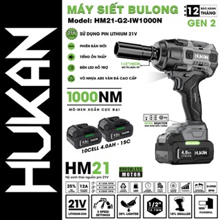 Máy siết bulong đầu 1/2 - 3/4 HUKAN HM21-G2-IW1000N và HM21-G2-IWB1034BL, Không chổi than Lực 1000Nm