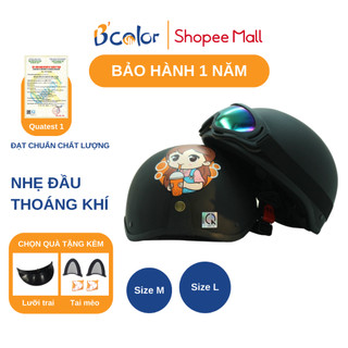 Mũ Bảo Hiểm B'COLOR Màu Đen Hình Cô Gái Trà Sữa Loại Nửa Đầu Kèm Kính Thời Trang