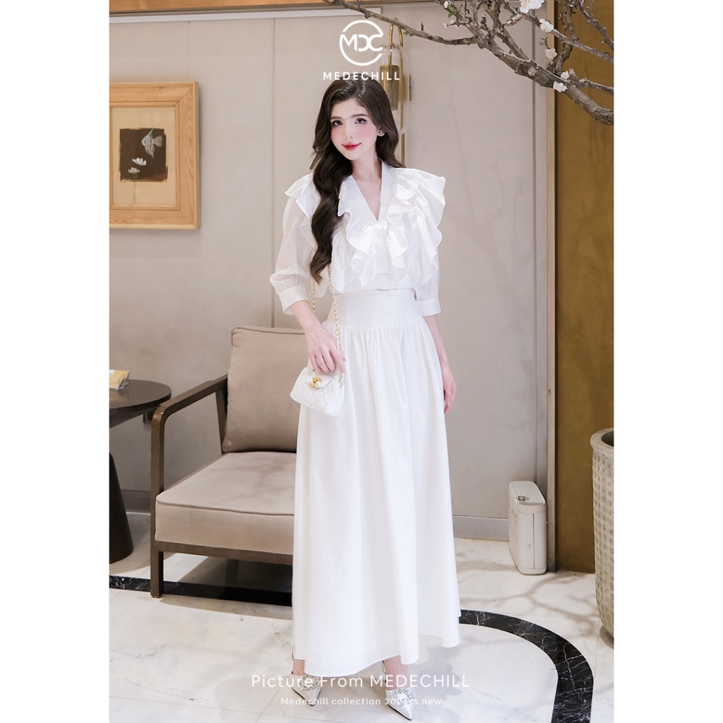 Set Áo Sơ Mi Cổ V Xếp Ly Phối Bèo Thanh Lịch Medechill Chân Váy Cạp Cao Xếp Ly Dáng Dài Siêu Xinh S647