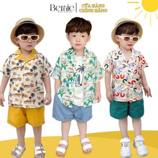 Set sơ mi tơ đũi cho bé trai đi biển đi chơi áo họa tiết hoa lá cây dừa nổi bật kèm quần BERNIE