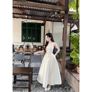 [8.8 Sales Freeship] Đầm đi cưới, đầm trắng tapda cổ vuông 2 dây ôm eo dáng dài qua gối đi tiệc sang chảnh dx