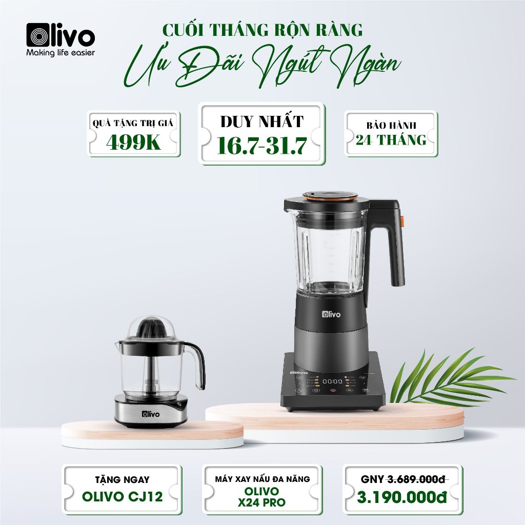 Máy Làm Sữa Hạt OLIVO X24 PRO 2100W Xay Nấu Đa Năng Chống Trào, Mâm Nhiệt Gốm Chống Dính