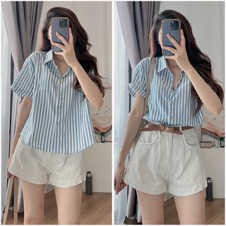 Áo sơ mi nữ cộc tay kẻ xanh thêu logo❤️ áo sơ mi mùa hè kiểu dáng basic dễ phối đồ