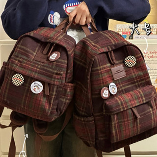 Balo Kẻ Sọc Caro Tweed Khoá Tag Da Phong Cách Học Sinh Vintage Bắc Âu