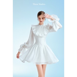 THOSE STUDIOS Đầm trắng tiểu thư dài tay dáng ngắn thanh lịch , sang trọng Linda Dress