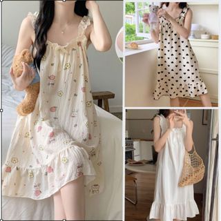 Đầm Ngủ 2 Dây Ngắn Tay Phong Cách Công Chúa - In Hoa Mới Chất Vải Đũi Xốp Xịn Xò