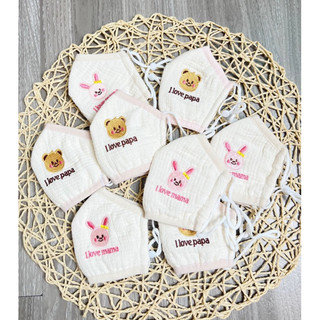 Khẩu trang xô muslin thêu ilovepapa mama có dây điều chỉnh