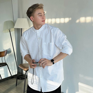 Áo Sơ Mi Nam Cổ Tàu Oxford Tay Dài Nam Nữ Hàn Quốc Cổ Trụ Form Rộng Màu Trắng HALLEY A12