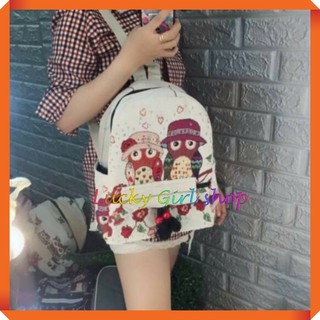 Balo Thổ Cẩm Thời Trang Hình Cú Nền Trắng Và Xanh Lá Size Trung 35*25*12cm - Lucky Girl shop NHA TRANG