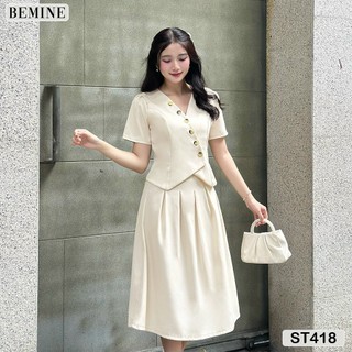 Set áo cổ v phối nút chân váy dáng xòe bemine st418
