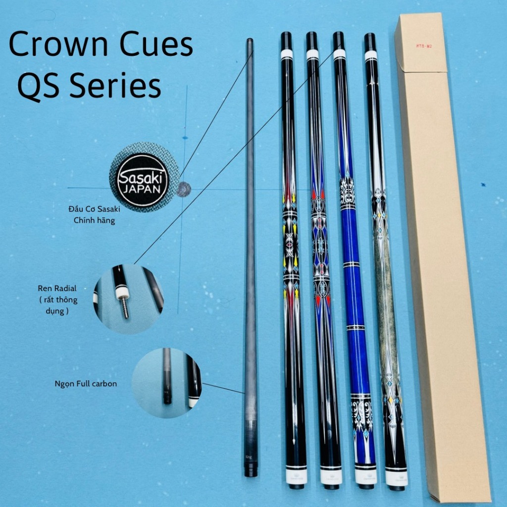 cơ bida lỗ crown cues QS series ( ngọn full carbon ) ( tặng kèm 9 món pk và sách bida cơ bản )