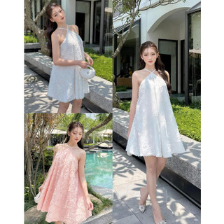 Celina Dress Váy Yếm Hai Màu Trắng Hồng Vải Hoạ Tiết Nổi - Hàng Chất Lượng Cao Jolie