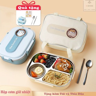 Hộp cơm giữ nhiệt The Good Life khay đựng cơm văn phòng Inox 304 cao cấp kèm túi thìa đũa và bát canh