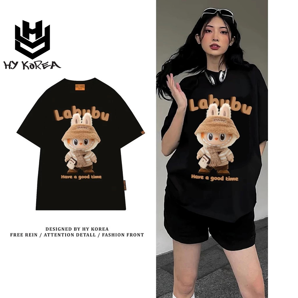 Áo phông cotton Gấu Labubu Mũ rơm áo kiểu áo unisex Áo thun cotton Labubu Mũ rơm áo kiểu áo unisex thời trang nữ