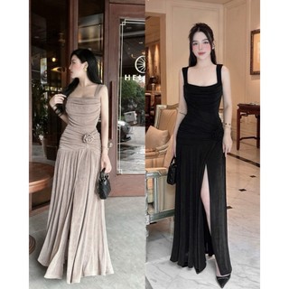 Đầm hai dây bảng to nhún thân đính hoa eo xẻ tà sang chảnh - thun gân lạnh 825