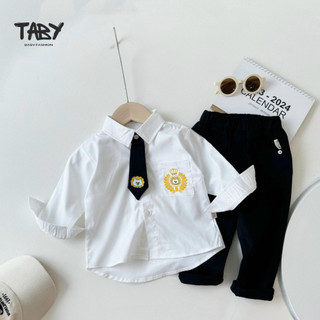  Set sơ mi cà vạt dài tay chất liệu thô mềm cao cấp thoáng khí phối cùng quần kaki cho bé từ 9-23kg 23B145