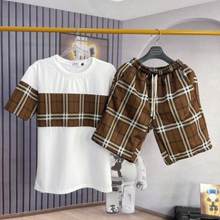 Bộ quần áo thun nam cổ tròn, Set áo quần caro, áo phối caro tay ngực, quần chất liệu umi hottrend