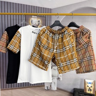 Bộ quần áo nam tay ngắn, set áo nam phối tay caro, cổ in chữ BELIVE, quần short dệt caro dày đẹp