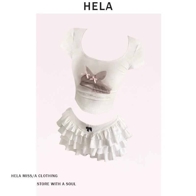 Set áo+váy HELA áo thun nữ in nơ dễ thương ngọt ngào mùa hè