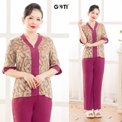 GOTI Set Bộ Trung Niên Chất Gấm Phối Lụa Cao Cấp Quà Dành Tặng Mẹ Hoạ Tiết Sang Trọng 45-80kg 3401