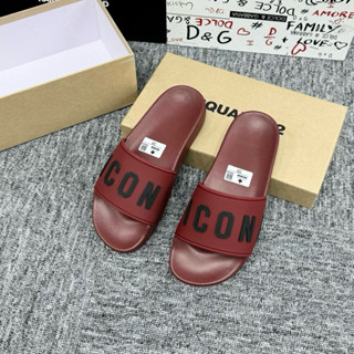 Dép lê nam quai ngang Dsq2 đỏ khắc chữ icon đen ngang quai viền logo hãng đế đúc vân D2 monogram